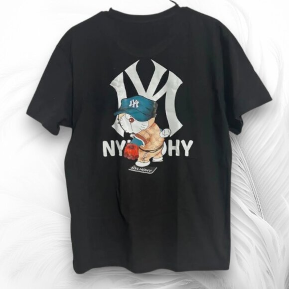 Black Graphic T-Shirt with Cartoon Cat and NY Design – Unisex Streetwear Tee - Picture 1 of 6